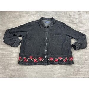 Denim & Co Button Up Womens 2X Black Floral Embroidered Denim Shirt Shacket